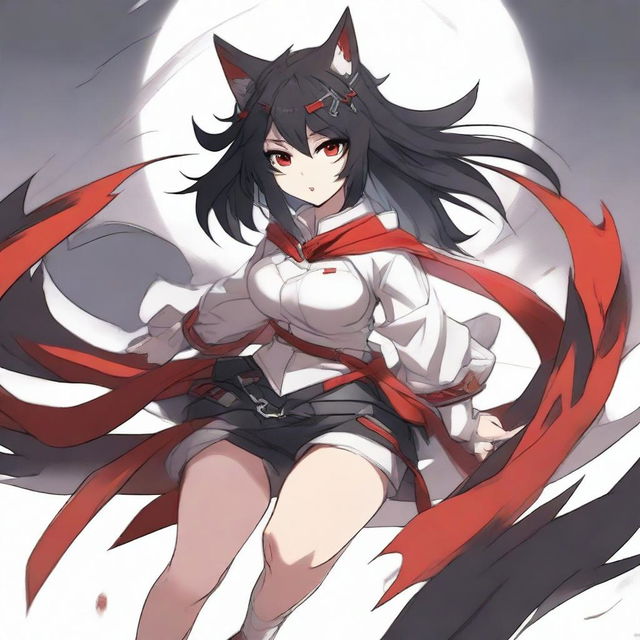 A detailed anime-style waifu with an athletic build, medium-length black hair, wolf ears, and striking red eyes