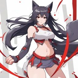 A detailed anime-style waifu with an athletic build, medium-length black hair, wolf ears, and striking red eyes