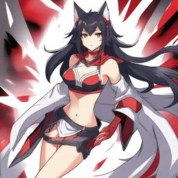 A detailed anime-style waifu with an athletic build, medium-length black hair, wolf ears, and striking red eyes