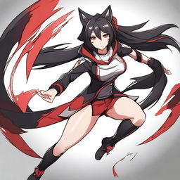 A detailed anime-style waifu with an athletic build, medium-length black hair, wolf ears, and striking red eyes