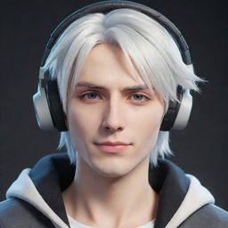 A stylized, non-realistic anime-inspired male character with white hair, captivating Gojo-like eyes, wearing trendy gaming headphones, and possessing a well-defined jawline.