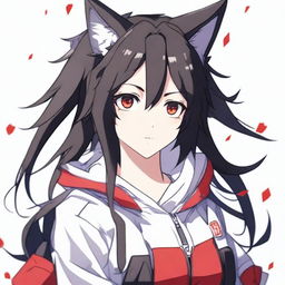 A detailed anime-style waifu with an athletic build, medium-length black hair, wolf ears, and striking red eyes