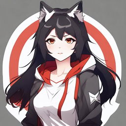 A detailed anime-style waifu with an athletic build, medium-length black hair, wolf ears, and striking red eyes