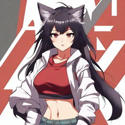 A detailed anime-style waifu with an athletic build, medium-length black hair, wolf ears, and striking red eyes