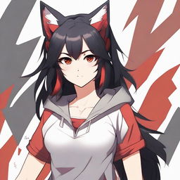 A detailed anime-style waifu with an athletic build, medium-length black hair, wolf ears, and striking red eyes