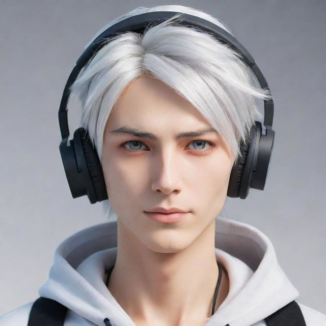 A stylized, non-realistic anime-inspired male character with white hair, captivating Gojo-like eyes, wearing trendy gaming headphones, and possessing a well-defined jawline.