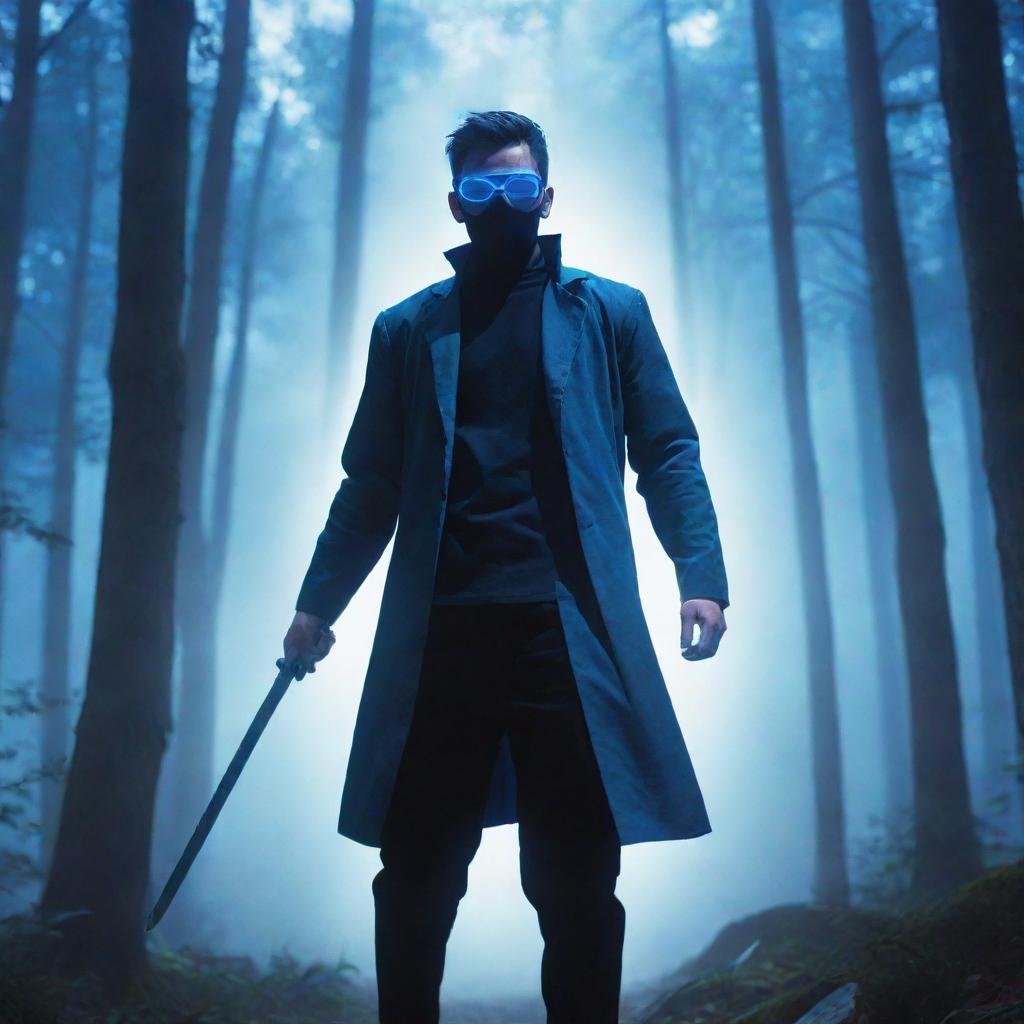 Anime-style artwork of a masked man with blue glasses, holding a sword, standing in a forest bathed in an otherworldly bluish light