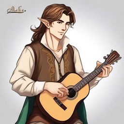 A medium-length brown-haired man with a light beard, his race is a half-elf, and his skin tone is fair