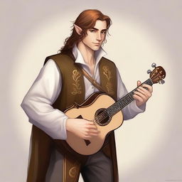 A medium-length brown-haired man with a light beard, his race is a half-elf, and his skin tone is fair