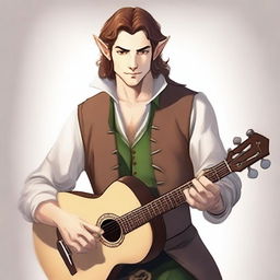 A medium-length brown-haired man with a light beard, his race is a half-elf, and his skin tone is fair