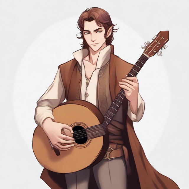 A medium-length brown-haired man with a light beard, his race is a half-elf, and his skin tone is fair