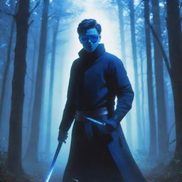 Anime-style artwork of a masked man with blue glasses, holding a sword, standing in a forest bathed in an otherworldly bluish light