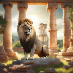 A majestic lion standing in a biblical setting, surrounded by ancient ruins and lush greenery