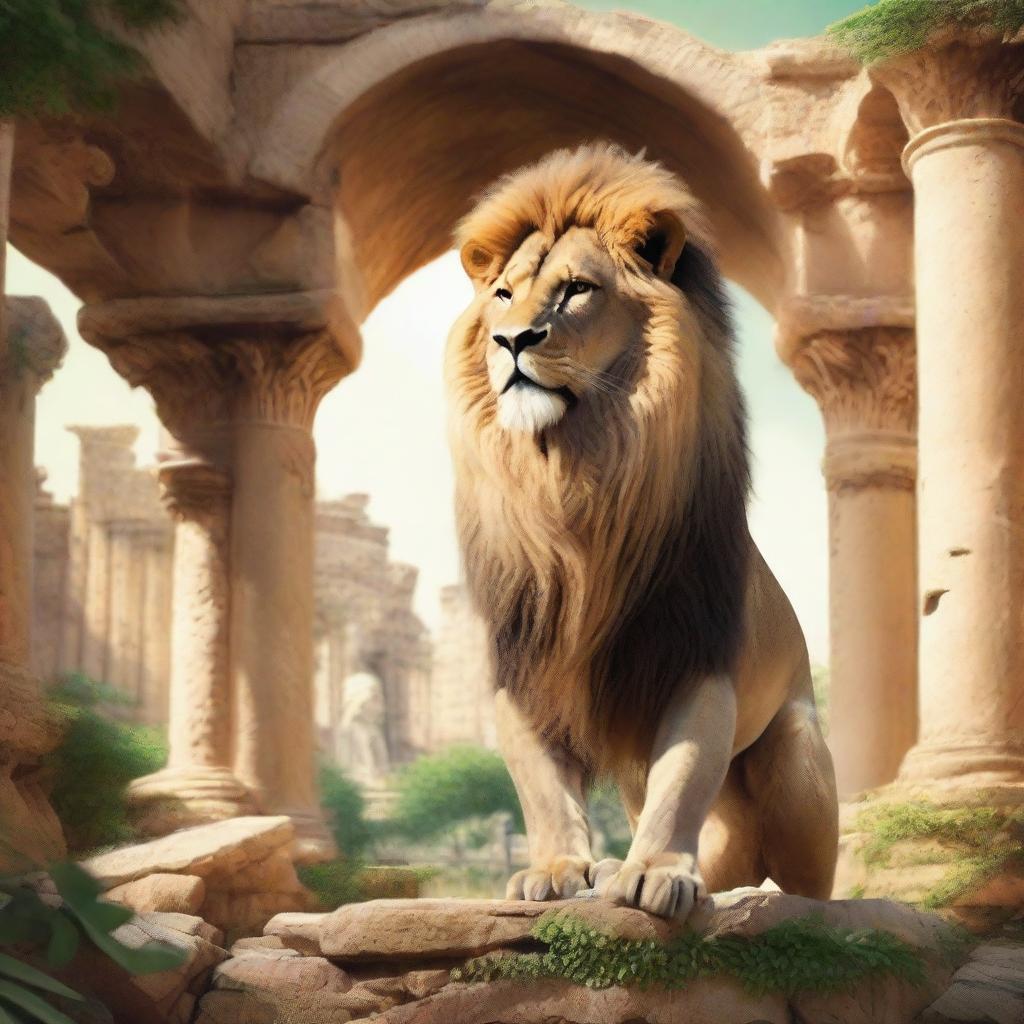 A majestic lion standing in a biblical setting, surrounded by ancient ruins and lush greenery