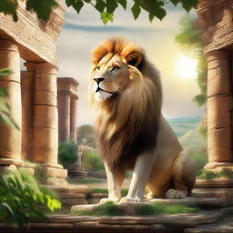 A majestic lion standing in a biblical setting, surrounded by ancient ruins and lush greenery