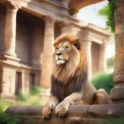 A majestic lion standing in a biblical setting, surrounded by ancient ruins and lush greenery