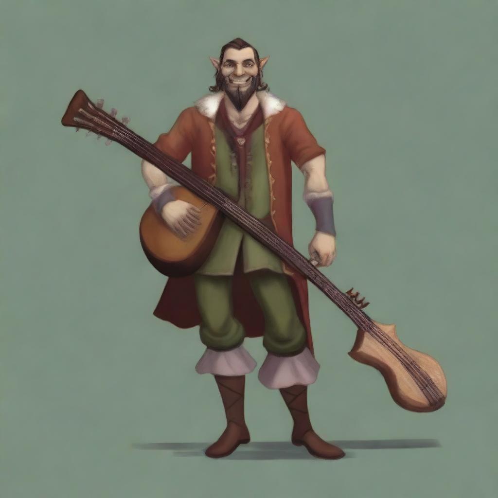 A medium-length brown-haired man with a sparse beard, his race is a half-elf, and his skin tone is brown