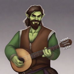 A medium-length brown-haired man with a sparse beard, his race is a half-elf, and his skin tone is brown