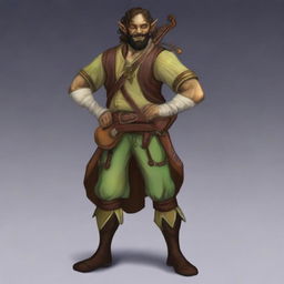 A medium-length brown-haired man with a sparse beard, his race is a half-elf, and his skin tone is brown