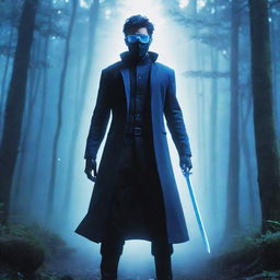 Anime-style artwork of a masked man with blue glasses, holding a sword, standing in a forest bathed in an otherworldly bluish light