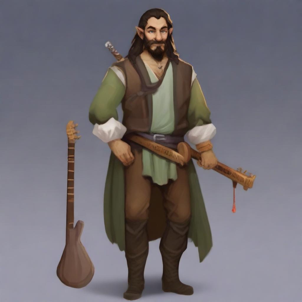 A medium-length brown-haired man with a sparse beard, his race is a half-elf, and his skin tone is brown