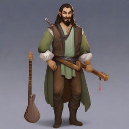 A medium-length brown-haired man with a sparse beard, his race is a half-elf, and his skin tone is brown