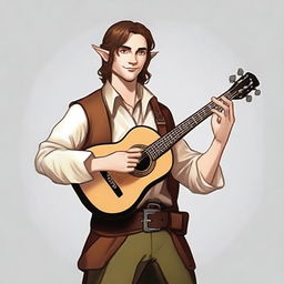 A medium-length brown-haired man, his race is a half-elf, and his skin tone is brown