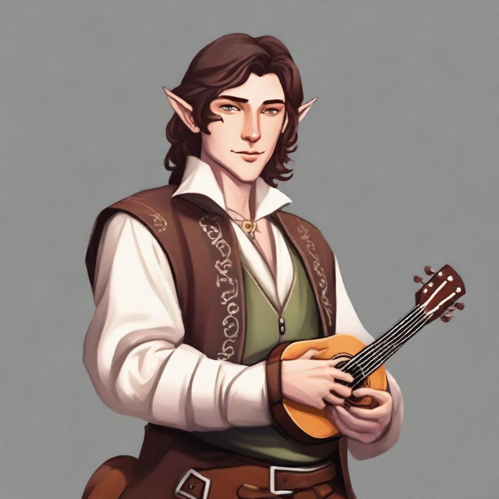 A medium-length brown-haired man, his race is a half-elf, and his skin tone is brown