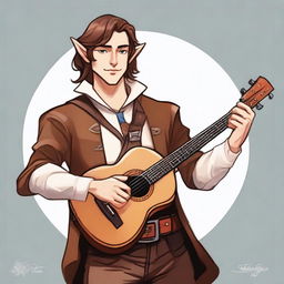 A medium-length brown-haired man, his race is a half-elf, and his skin tone is brown