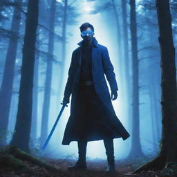 Anime-style artwork of a masked man with blue glasses, holding a sword, standing in a forest bathed in an otherworldly bluish light