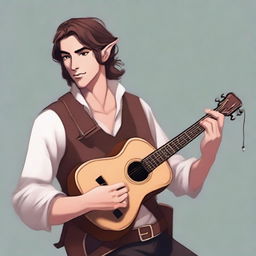 A medium-length brown-haired man, his race is a half-elf, and his skin tone is brown