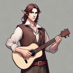 A medium-length brown-haired man, his race is a half-elf, and his skin tone is brown