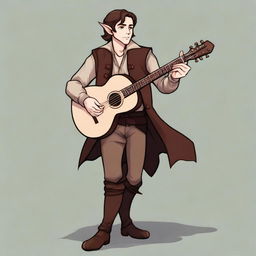 A medium-length brown-haired man, his race is a half-elf, and his skin tone is brown