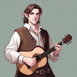 A medium-length brown-haired man, his race is a half-elf, and his skin tone is brown