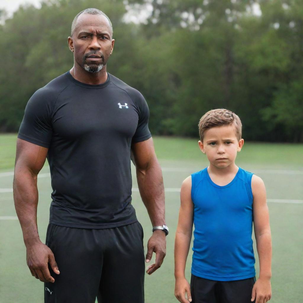 A father and son dressed in athletic gear, looking determined and ready for a workout, set against a backdrop of an outdoors training area.