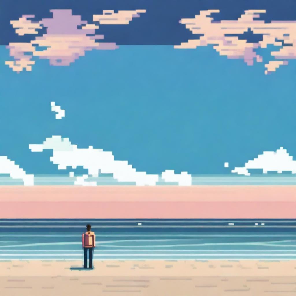 A pixel art illustration of a person looking out into the distance of the ocean