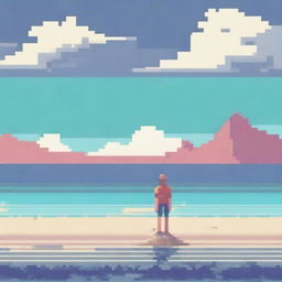 A pixel art illustration of a person looking out into the distance of the ocean