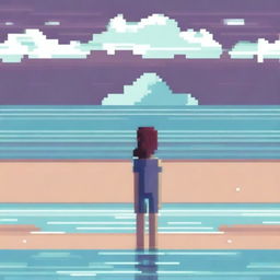 A pixel art illustration of a person looking out into the distance of the ocean