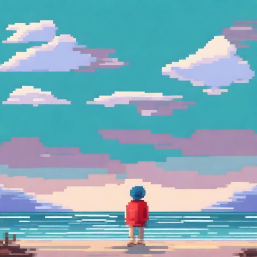 A pixel art illustration of a person looking out into the distance of the ocean