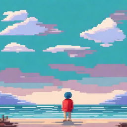 A pixel art illustration of a person looking out into the distance of the ocean