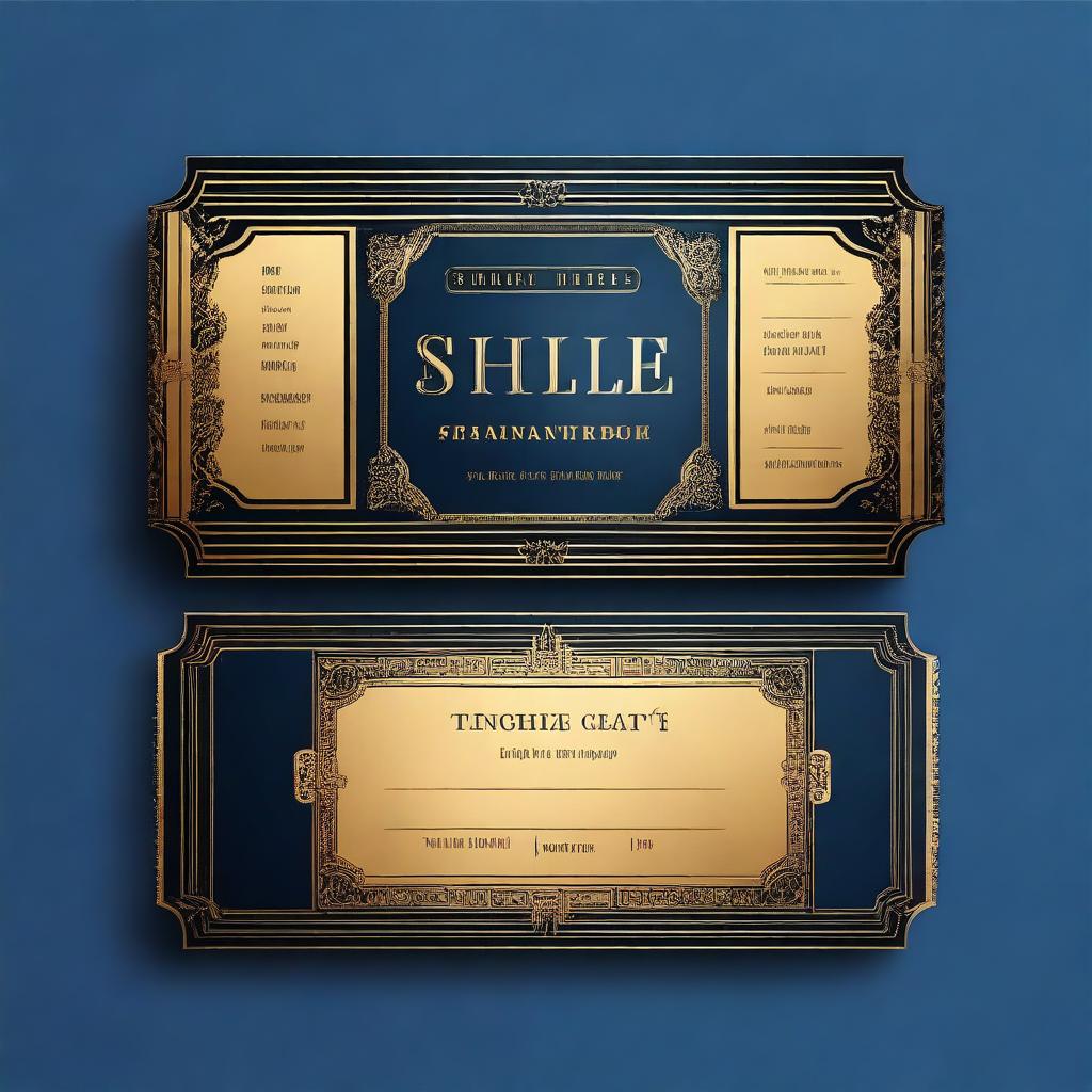 A cinema ticket design featuring a dark blue background with elegant gold accents