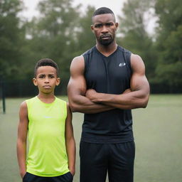 A father and son dressed in athletic gear, looking determined and ready for a workout, set against a backdrop of an outdoors training area.