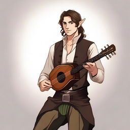 A medium-length brown-haired man, his race is a half-elf with slightly short and pointed ears, and his skin tone is brown