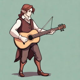 A medium-length brown-haired man, his race is a half-elf with slightly short and pointed ears, and his skin tone is brown