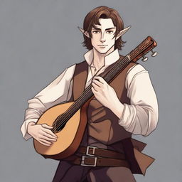 A medium-length brown-haired man, his race is a half-elf with slightly short and pointed ears, and his skin tone is brown