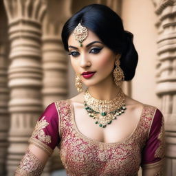 An Indian woman wearing a seductive and elegant outfit that highlights her beauty and grace
