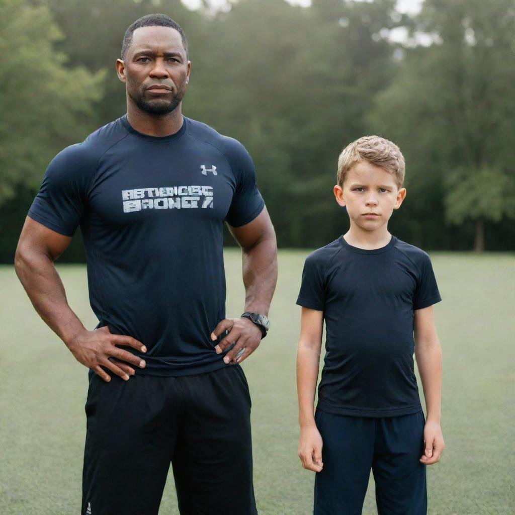 A father and son dressed in athletic gear, looking determined and ready for a workout, set against a backdrop of an outdoors training area.