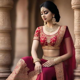 An Indian woman wearing a seductive and elegant outfit that highlights her beauty and grace