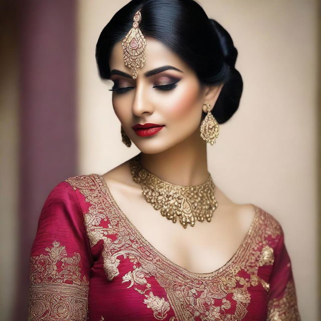 An Indian woman wearing a seductive and elegant outfit that highlights her beauty and grace