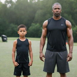 A father and son dressed in athletic gear, looking determined and ready for a workout, set against a backdrop of an outdoors training area.